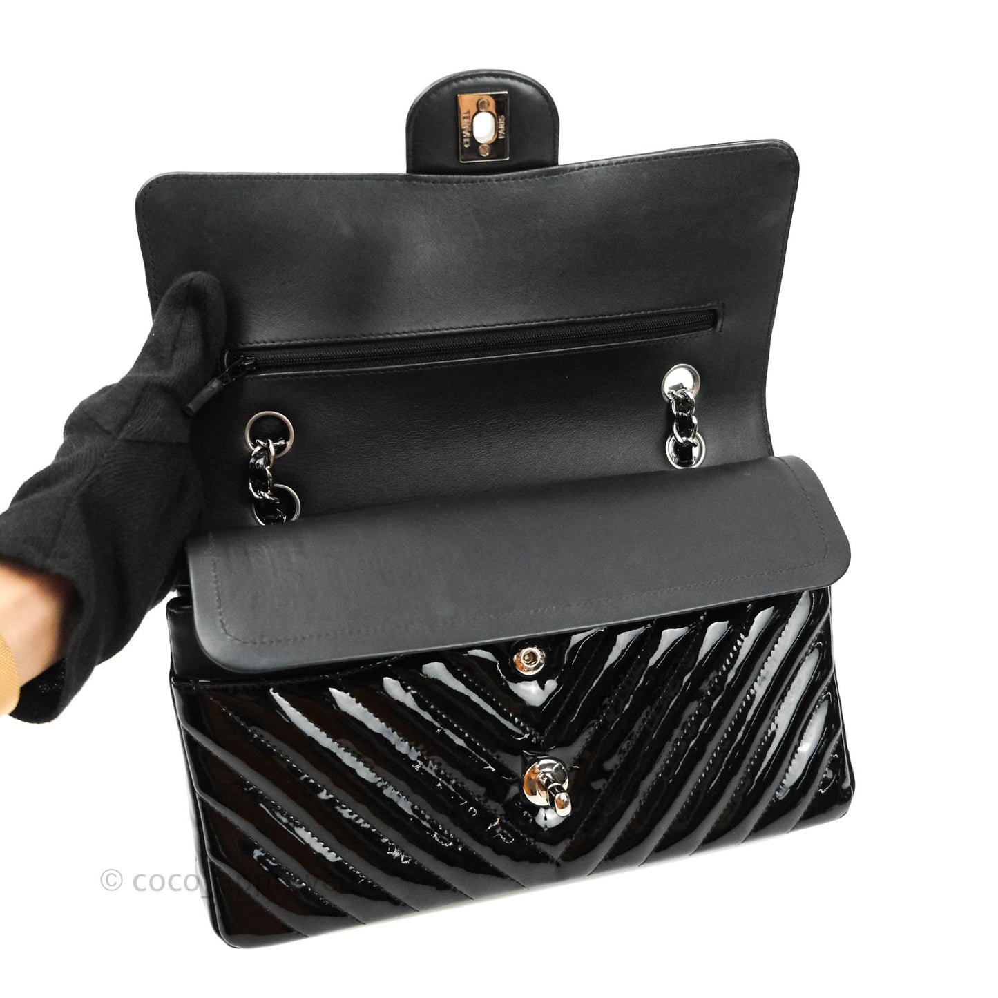 Chanel Classic Chevron M/L Medium Double Flap Black Patent Silver Hardware