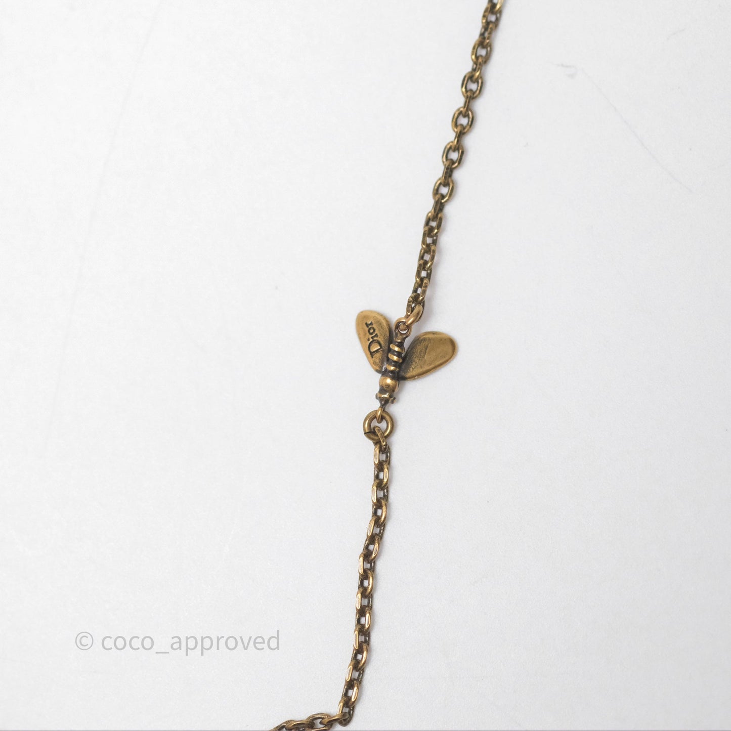 Christian Dior Pearl Crystal Bee Long Necklace Aged Gold Tone