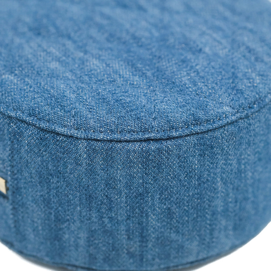 Chanel Quilted Pearl Crush Round Clutch With Chain Denim Aged Gold Hardware