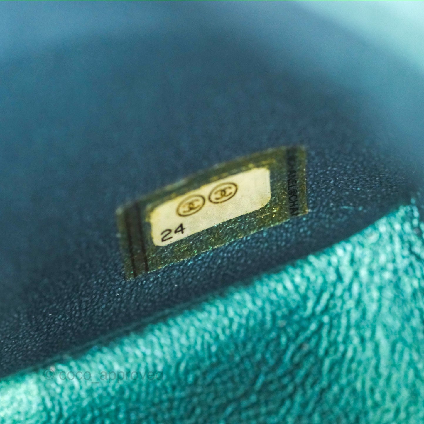 Chanel Mini Square Flap Quilted Iridescent Teal Lambskin Gun Metal