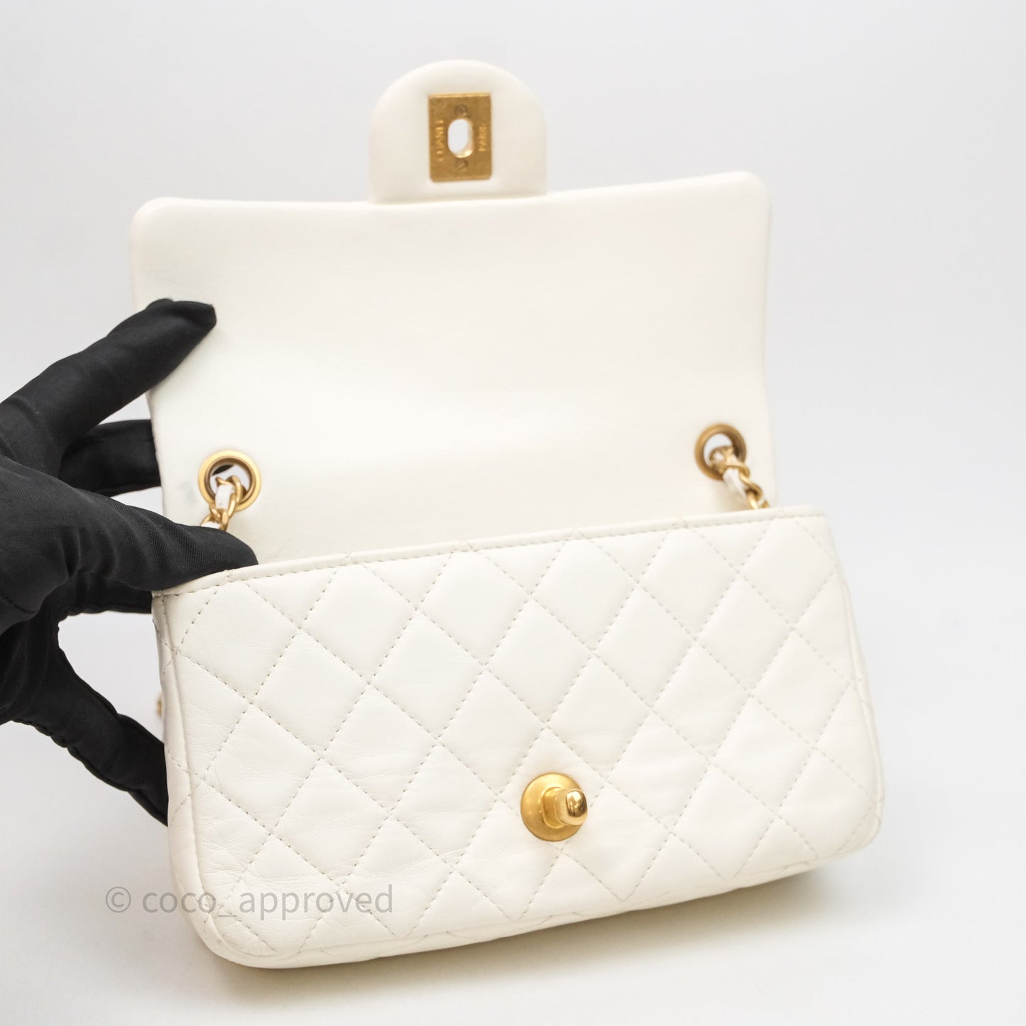 Chanel Mini Rectangular Pearl Crush White Lambskin Aged Gold Hardware
