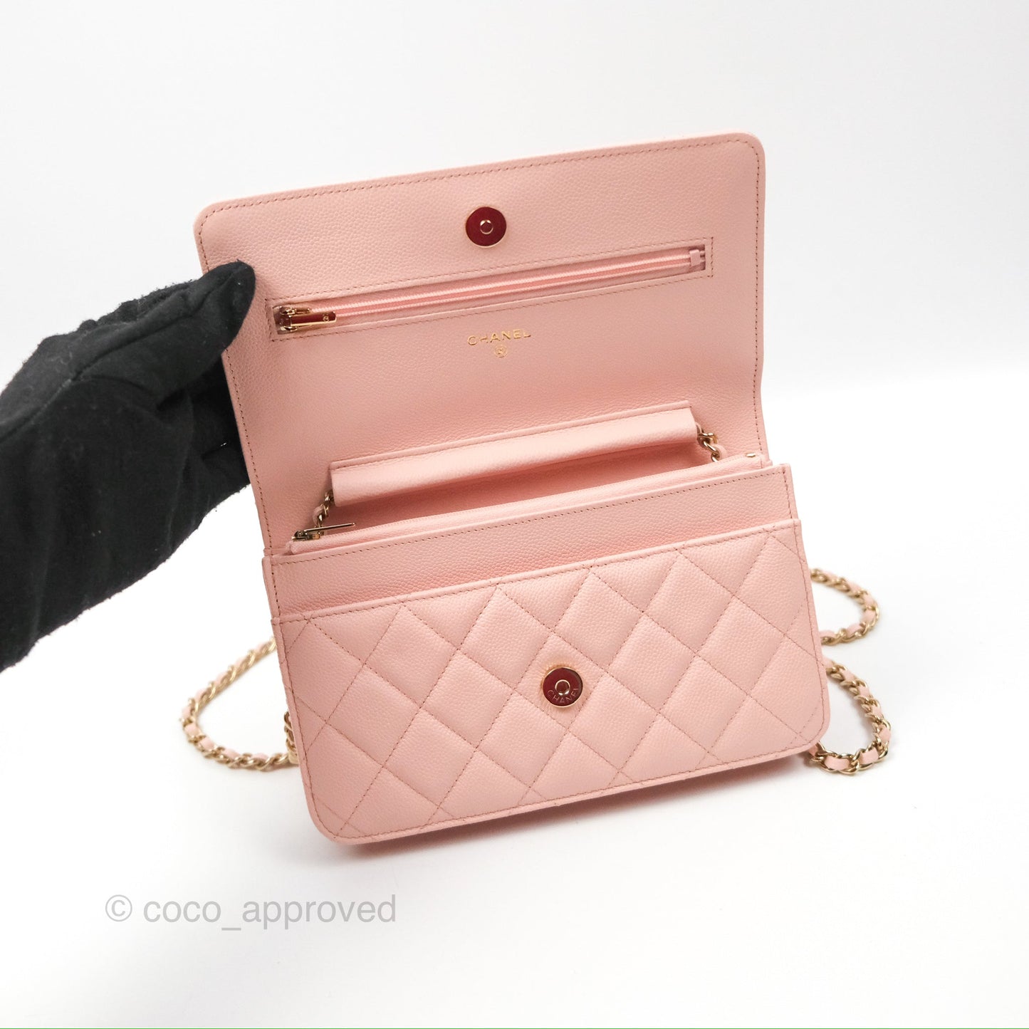 Chanel Quilted Classic Wallet on Chain WOC Light Pink Caviar Gold Hardware
