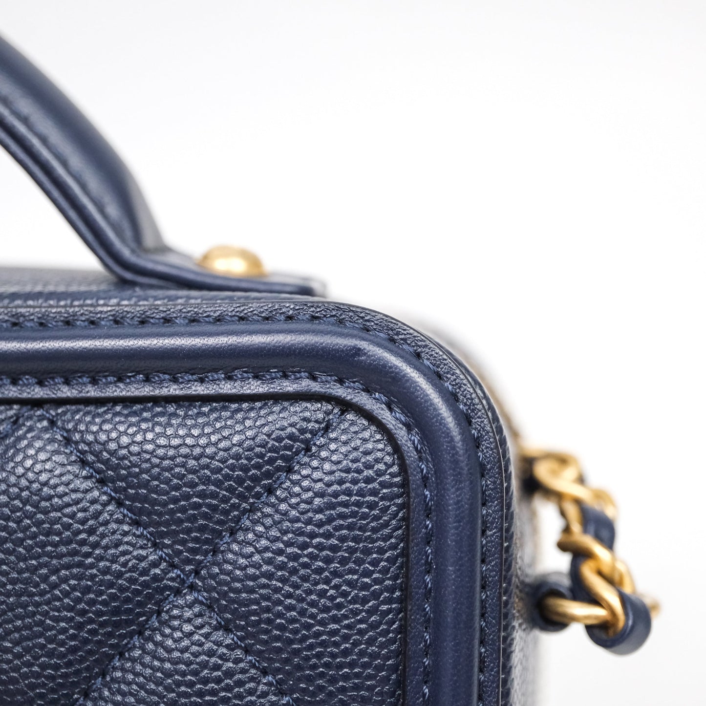 Chanel Quilted Small CC Filigree Vanity Case Navy Caviar Gold Hardware