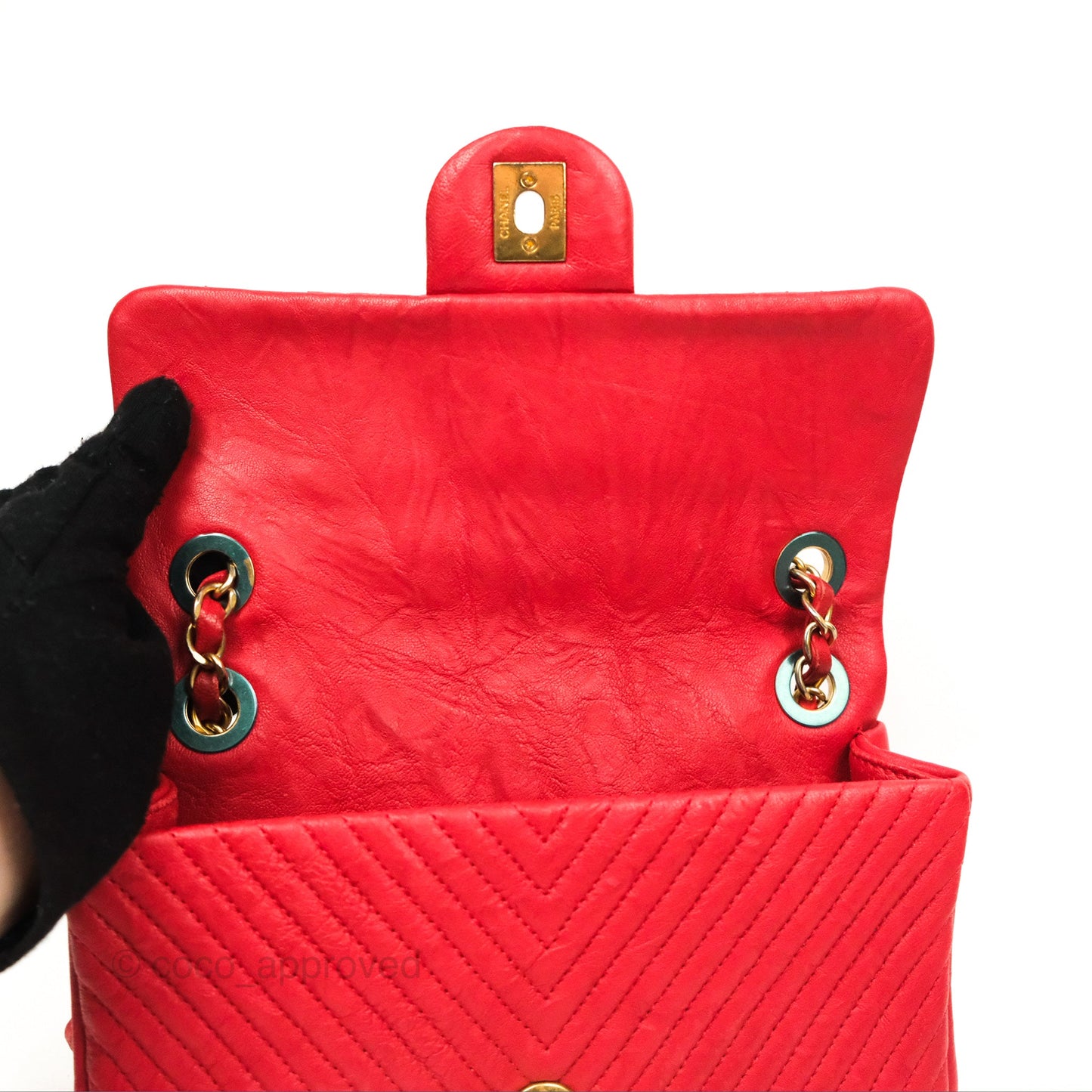 Chanel Small Chevron Surpique Flap Red Calfskin Aged Gold Hardware