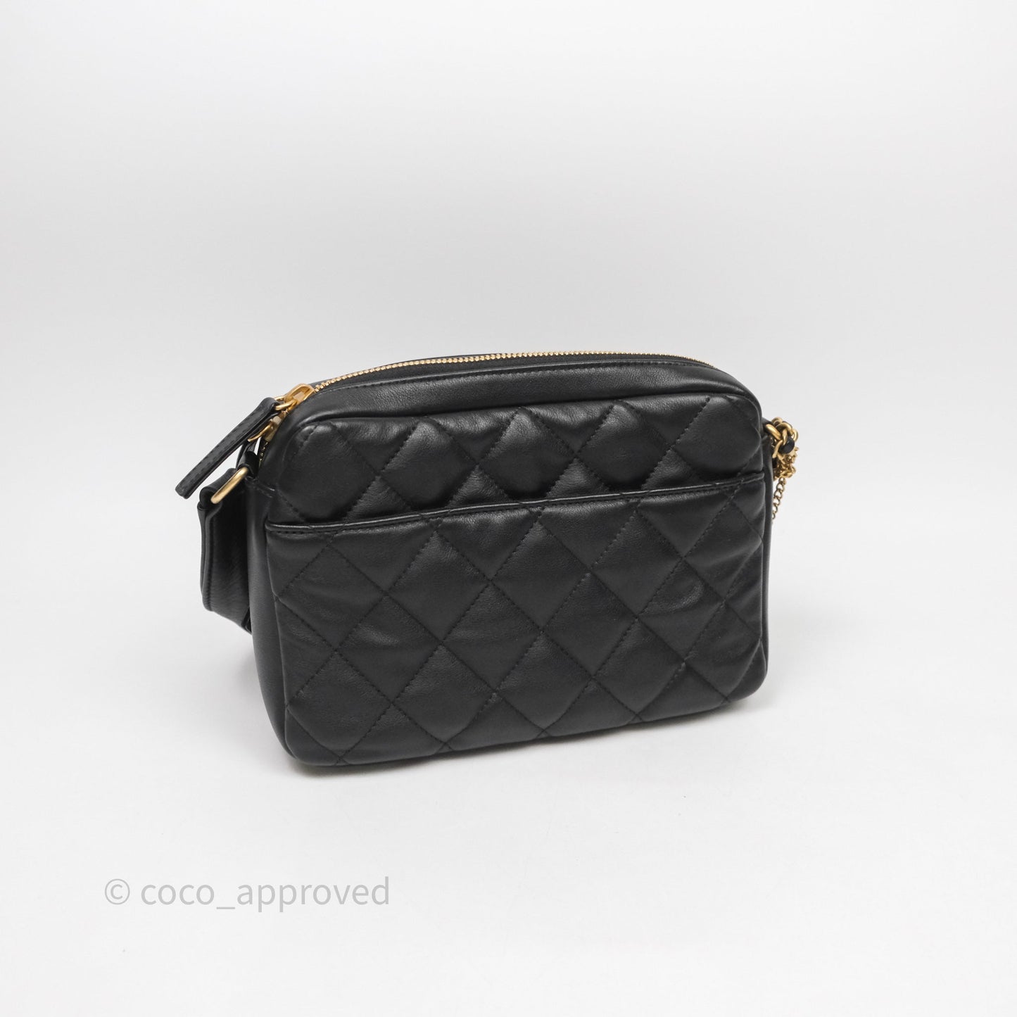 Chanel Small Camera Case Quilted Black Calfskin Aged Gold Hardware 22C