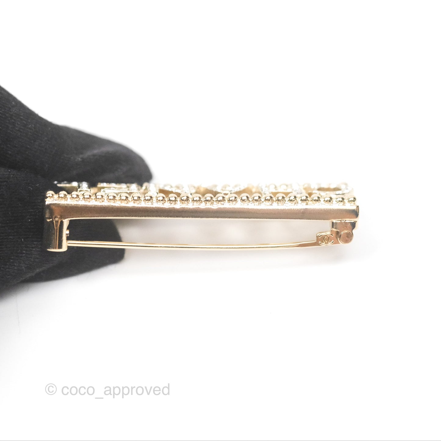 Chanel Logo Crystal Brooch Gold Tone 23A