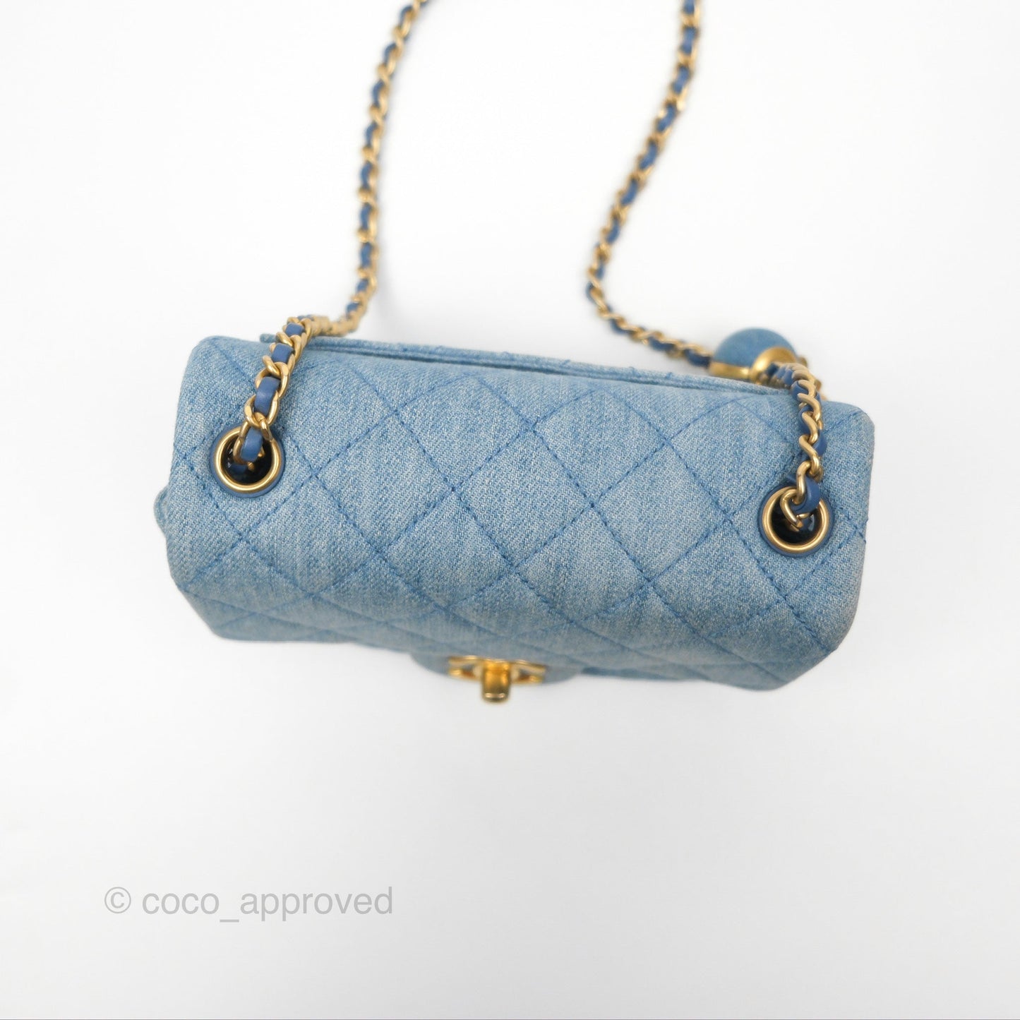 Chanel Mini Square Pearl Crush Quilted Denim Aged Gold Hardware