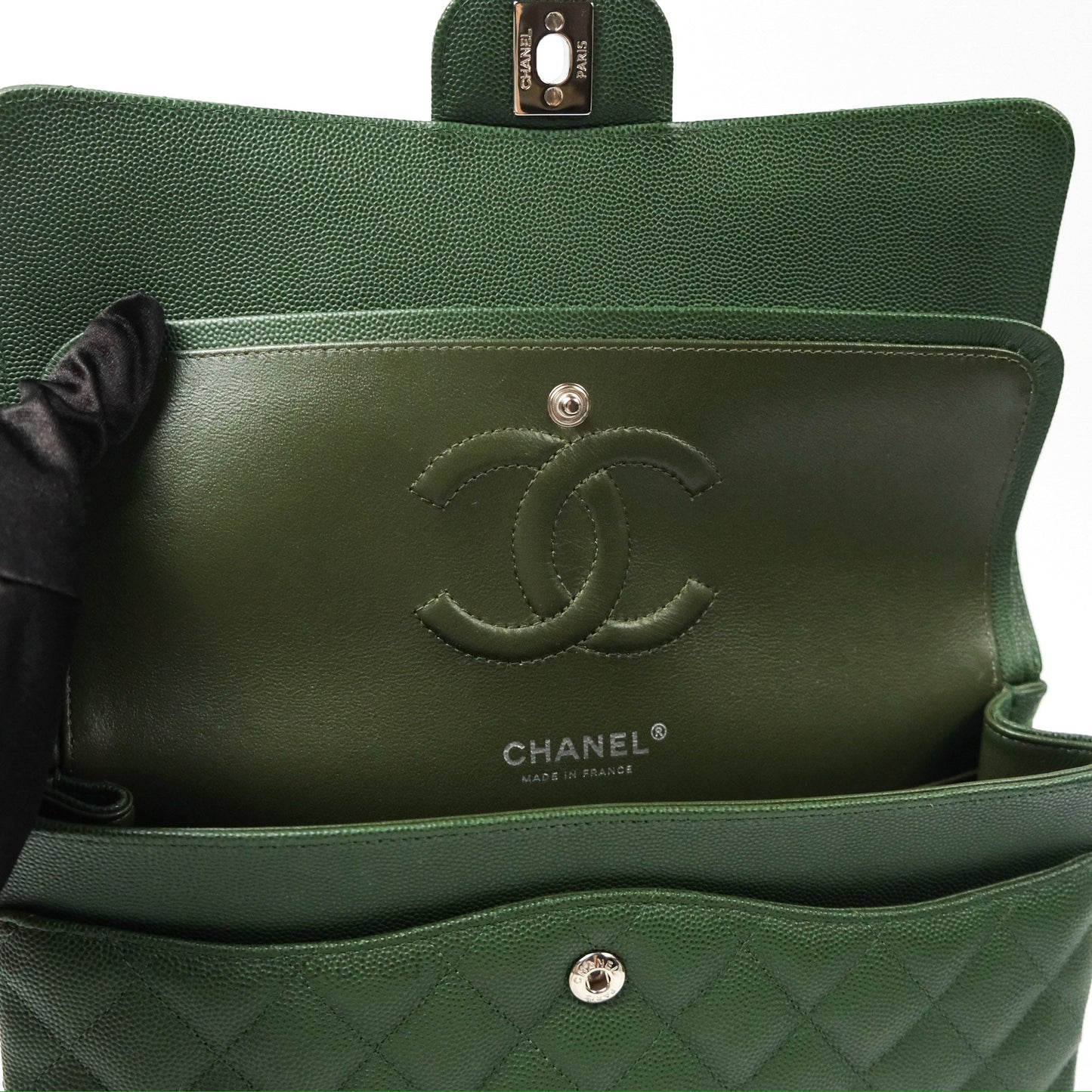 Chanel Classic M/L Medium Flap Quilted Dark Green Caviar Silver Hardware