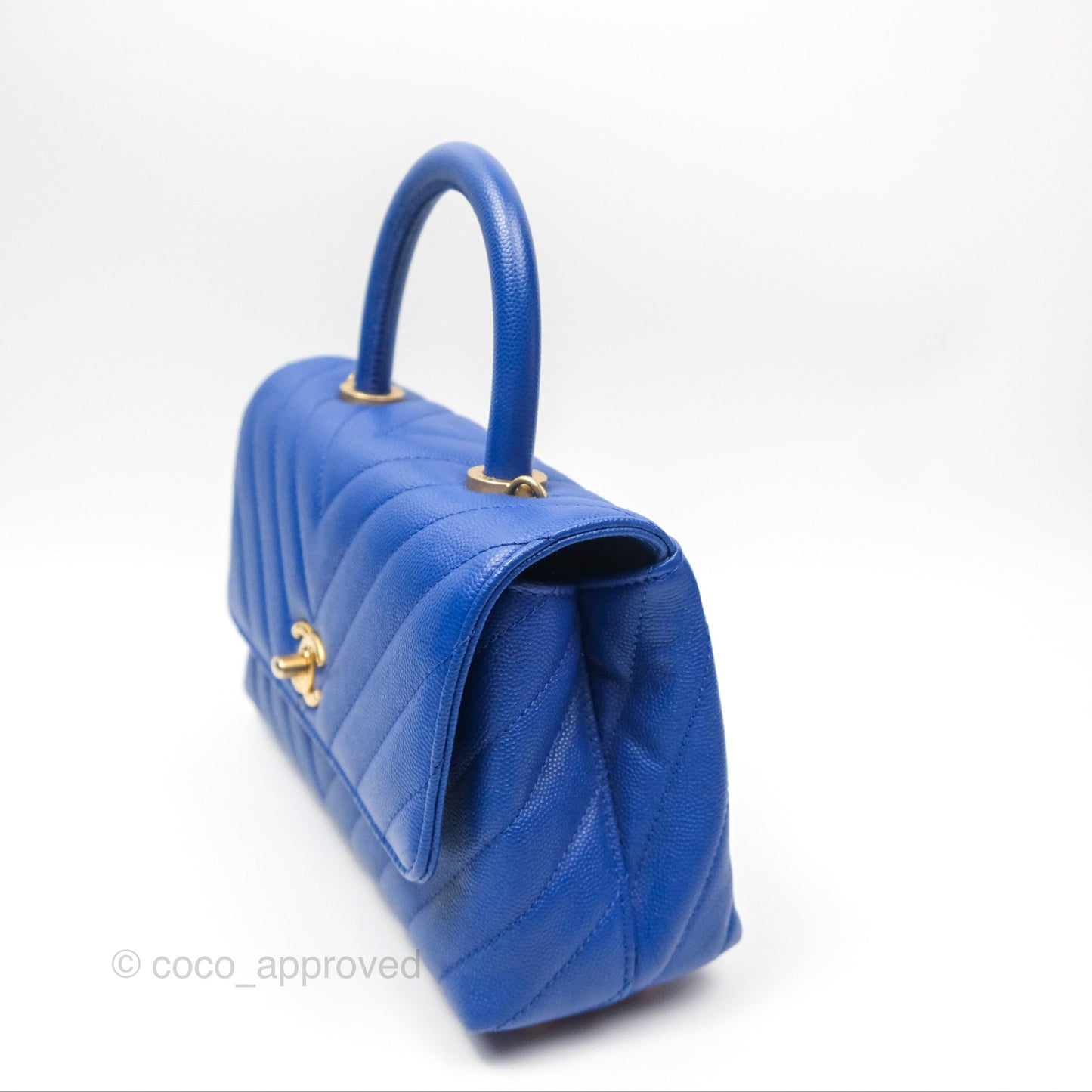 Chanel Small Coco Handle Chevron Blue Caviar Aged Gold Hardware