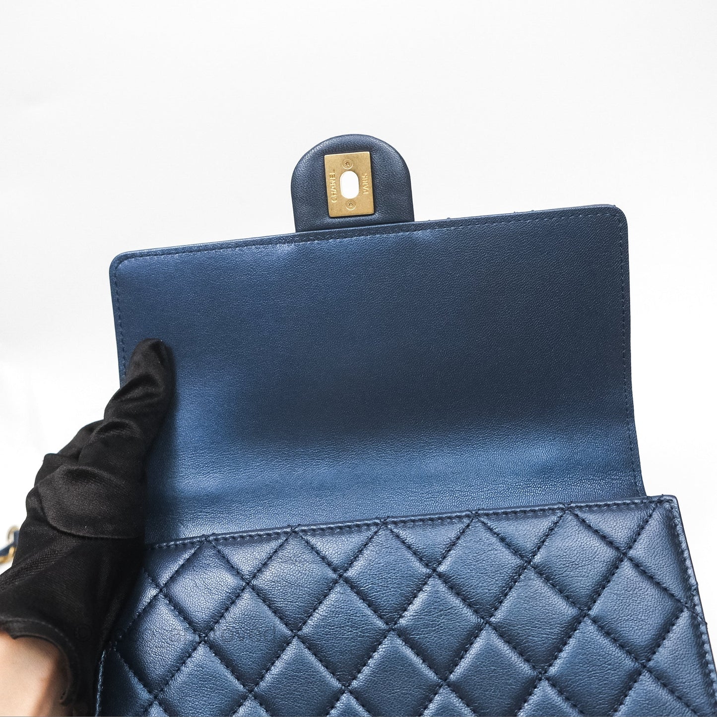 Chanel Small Quilted Chic Pearls Flap Iridescent Navy Goatskin Aged Gold Hardware