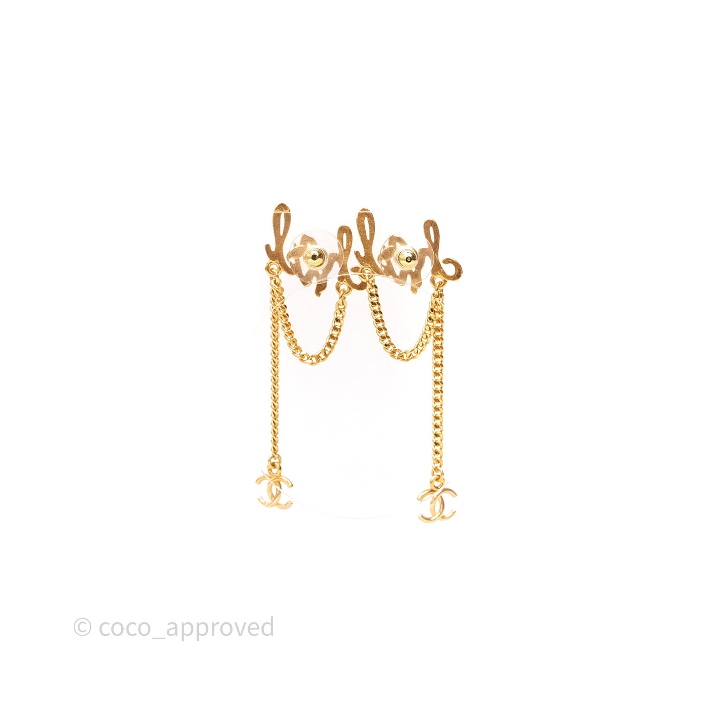 Chanel Metal Logo Drop Chain Earrings Gold Tone 24C
