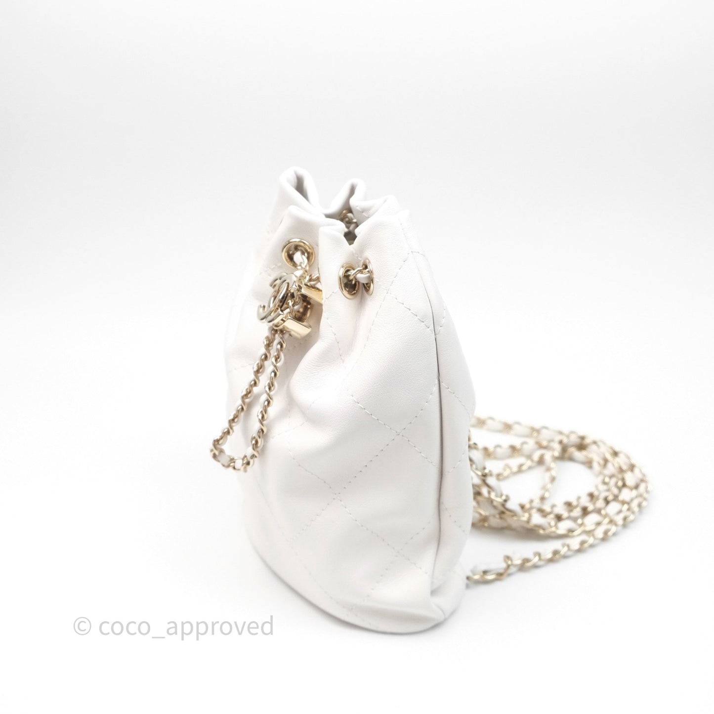Chanel Quilted Drawstring Bucket Backpack White Calfskin Gold Hardware 24C