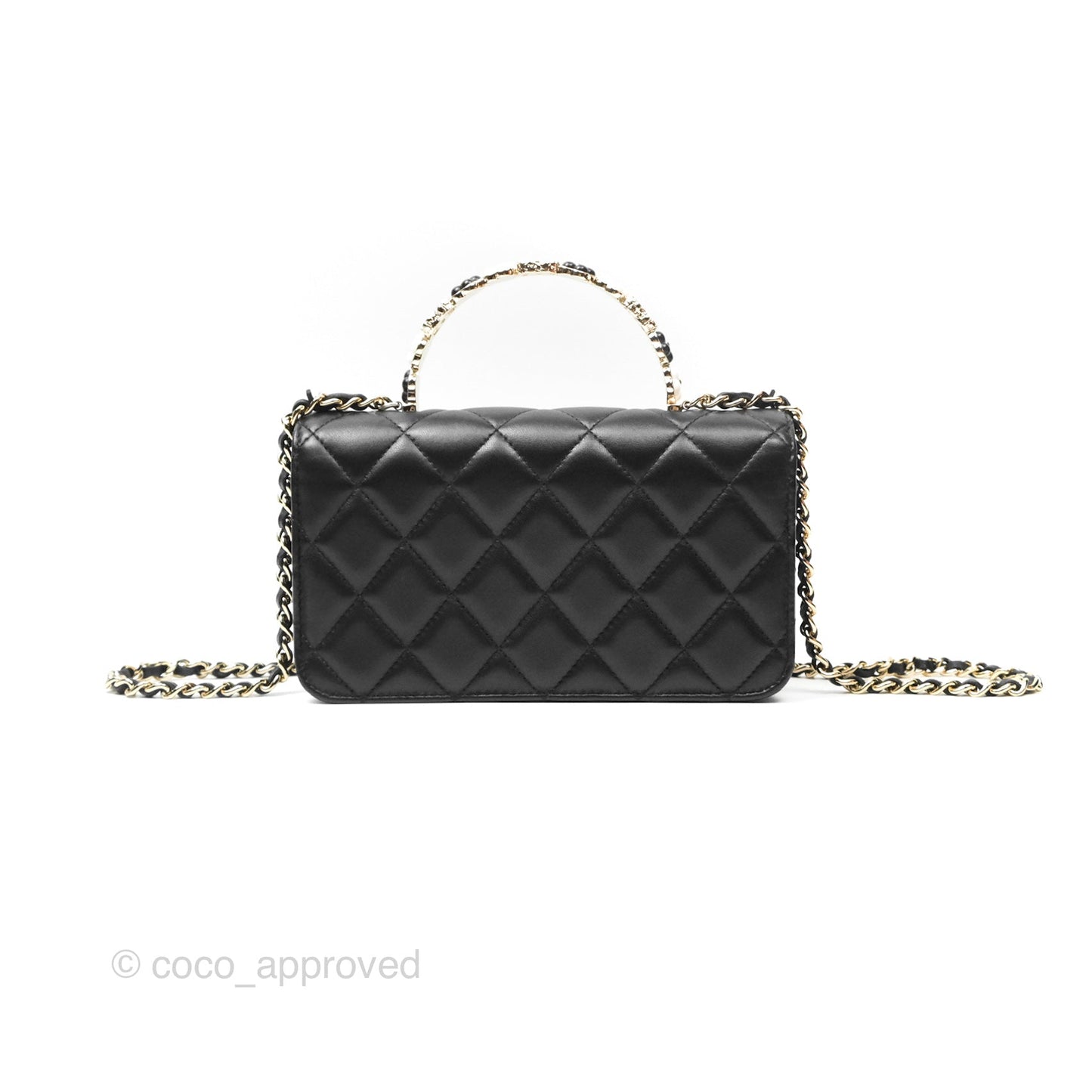 Chanel Camellia Handle Mini WOC Phone Holder with Chain Black Lambskin 23K
