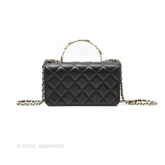 Chanel Camellia Handle Mini WOC Phone Holder with Chain Black Lambskin 23K