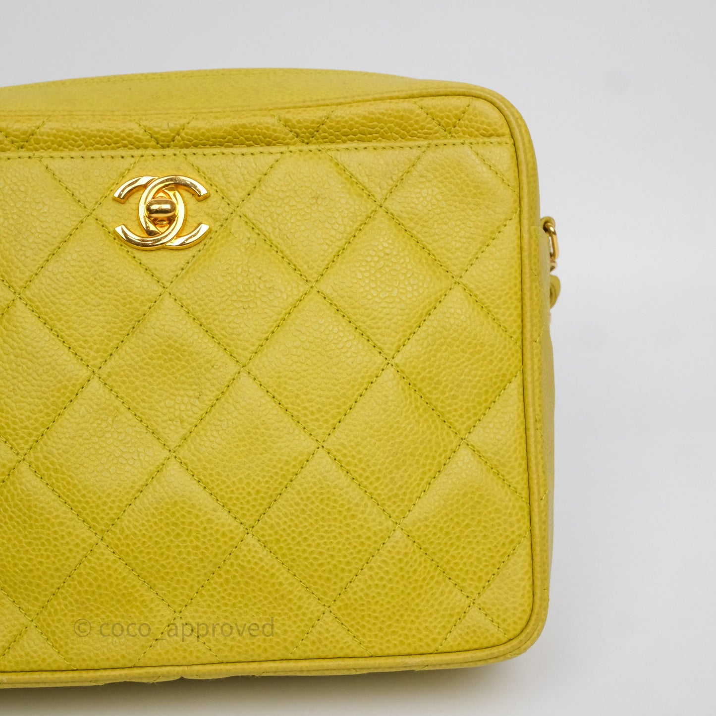 Chanel Vintage Quilted Camera Bag Green Yellow Caviar Gold Hardware