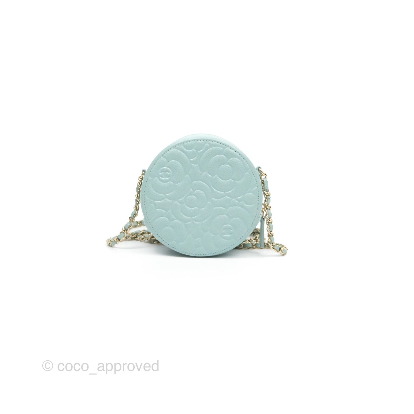 Chanel Camellia Embossed Round Clutch With Chain Light Tiffany Blue Caviar