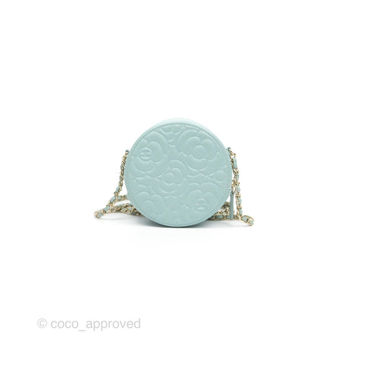Chanel Camellia Embossed Round Clutch With Chain Light Tiffany Blue Caviar