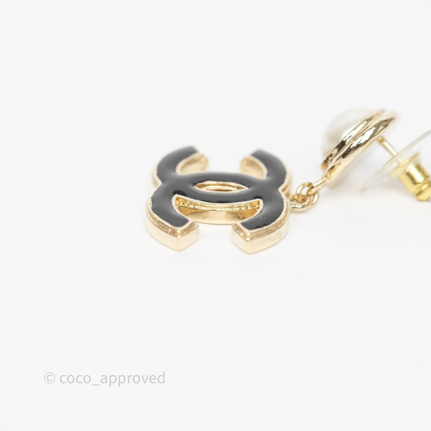 Chanel Round Pearl CC Black Resin Drop Earrings Gold Tone 22A