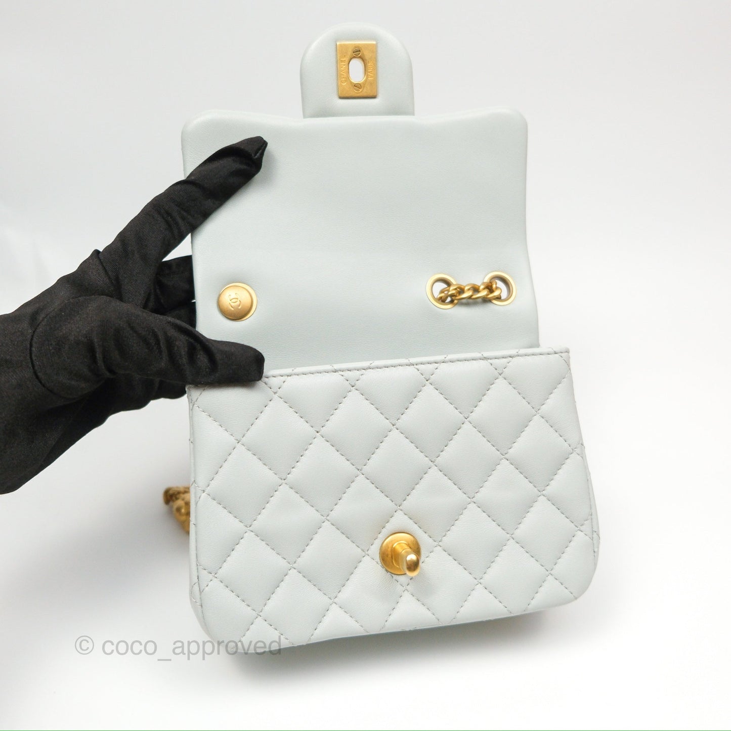 Chanel Quilted Mini Square Flap with Camellia Adjustable Chain Blue Clair Lambskin 23S