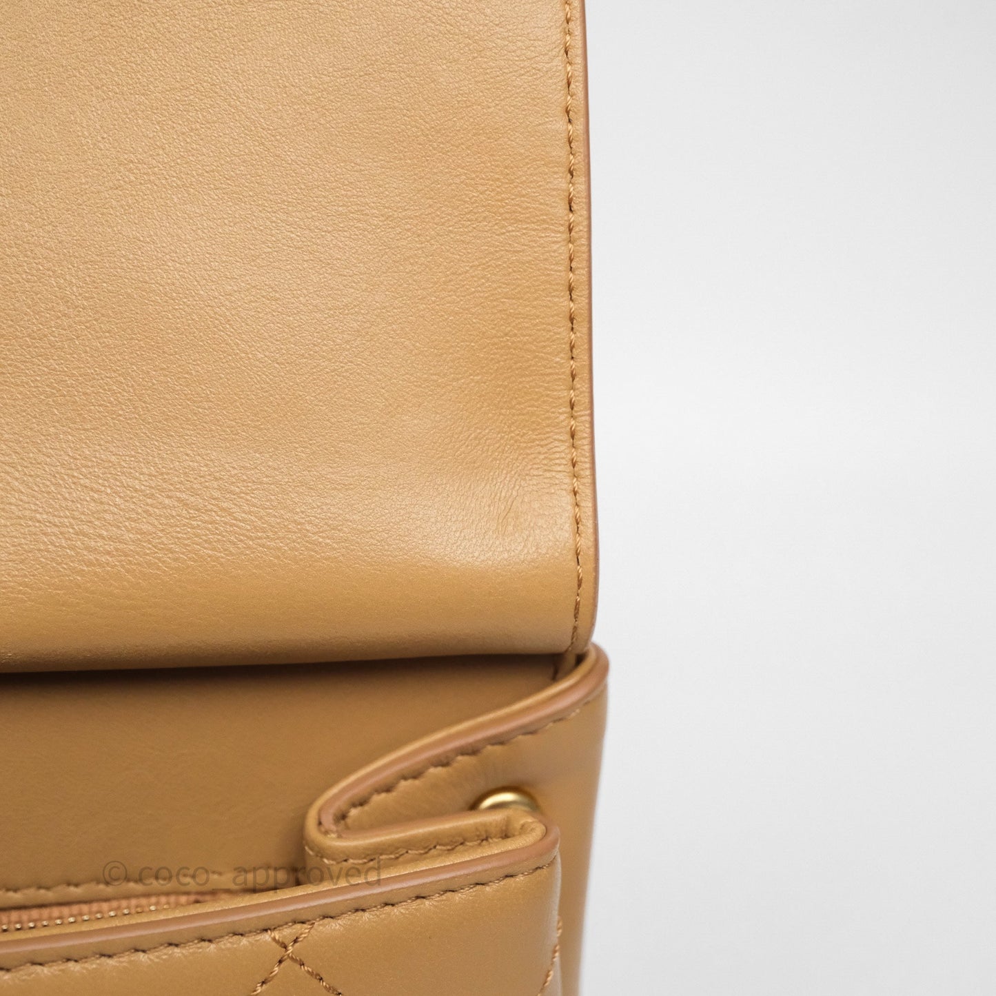 Chanel Small Coco Luxe Flap Bag Caramel Beige Calfskin Aged Gold Hardware