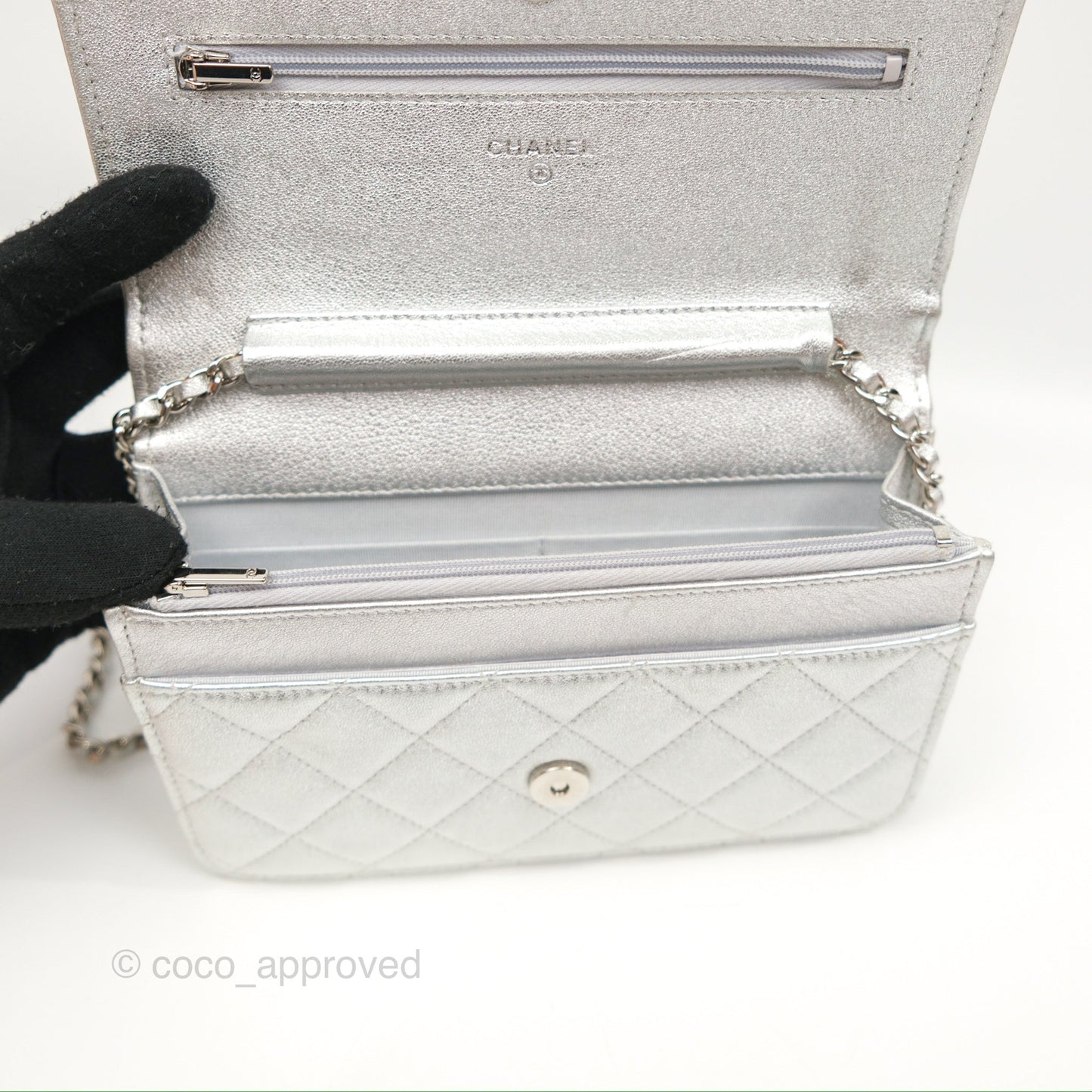 Chanel Quilted Wallet on Chain WOC Iridescent Silver Grained Lambskin Silver Hardware