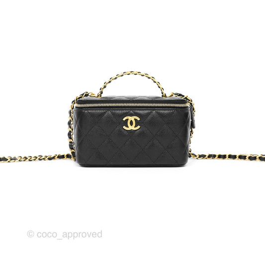 Chanel Logo Top Handle Vanity Rectangular Black Caviar Aged Gold Hardware