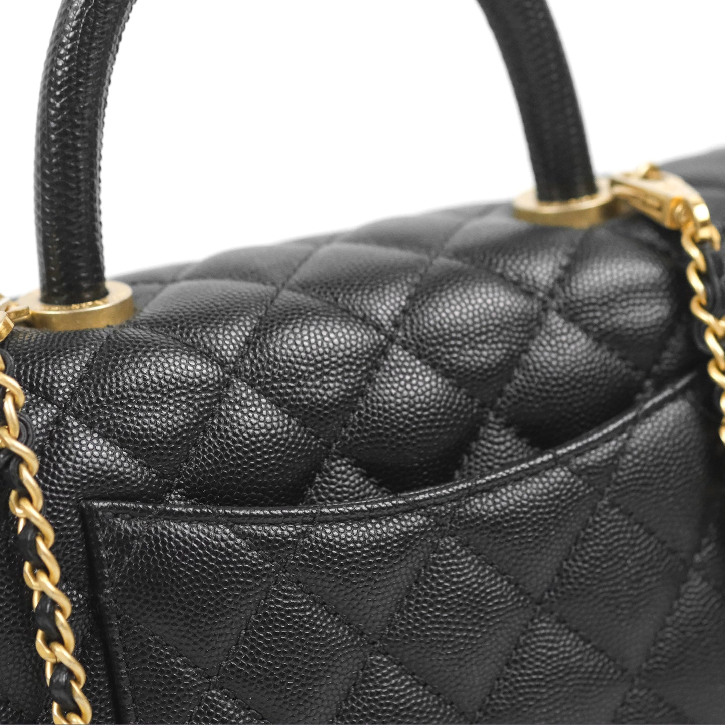 Chanel Small Coco Handle Quilted Black Caviar Aged Gold Hardware Lizard Handle