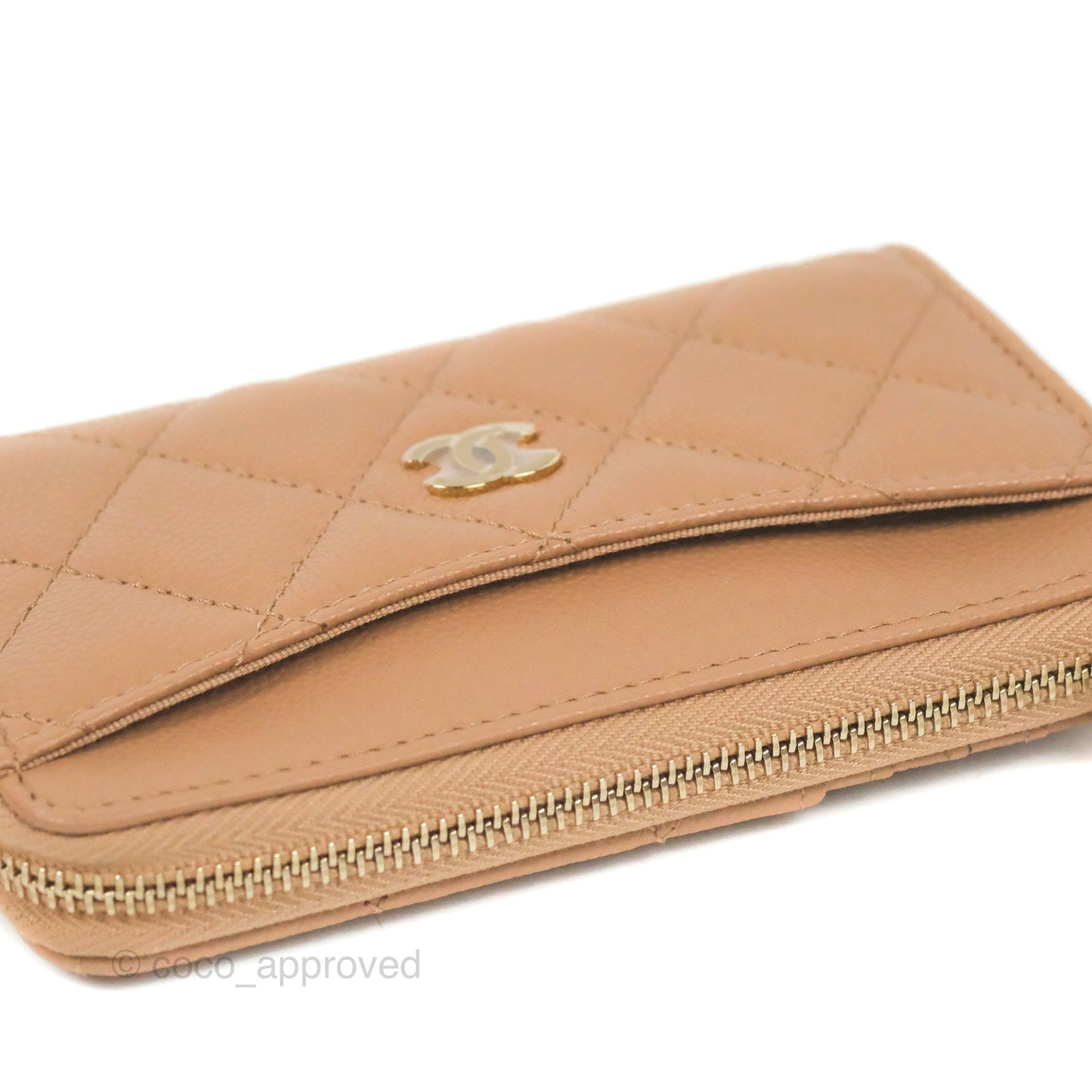 Chanel Quilted Zip Card Holder Dark Beige Caviar Gold Hardware 23S