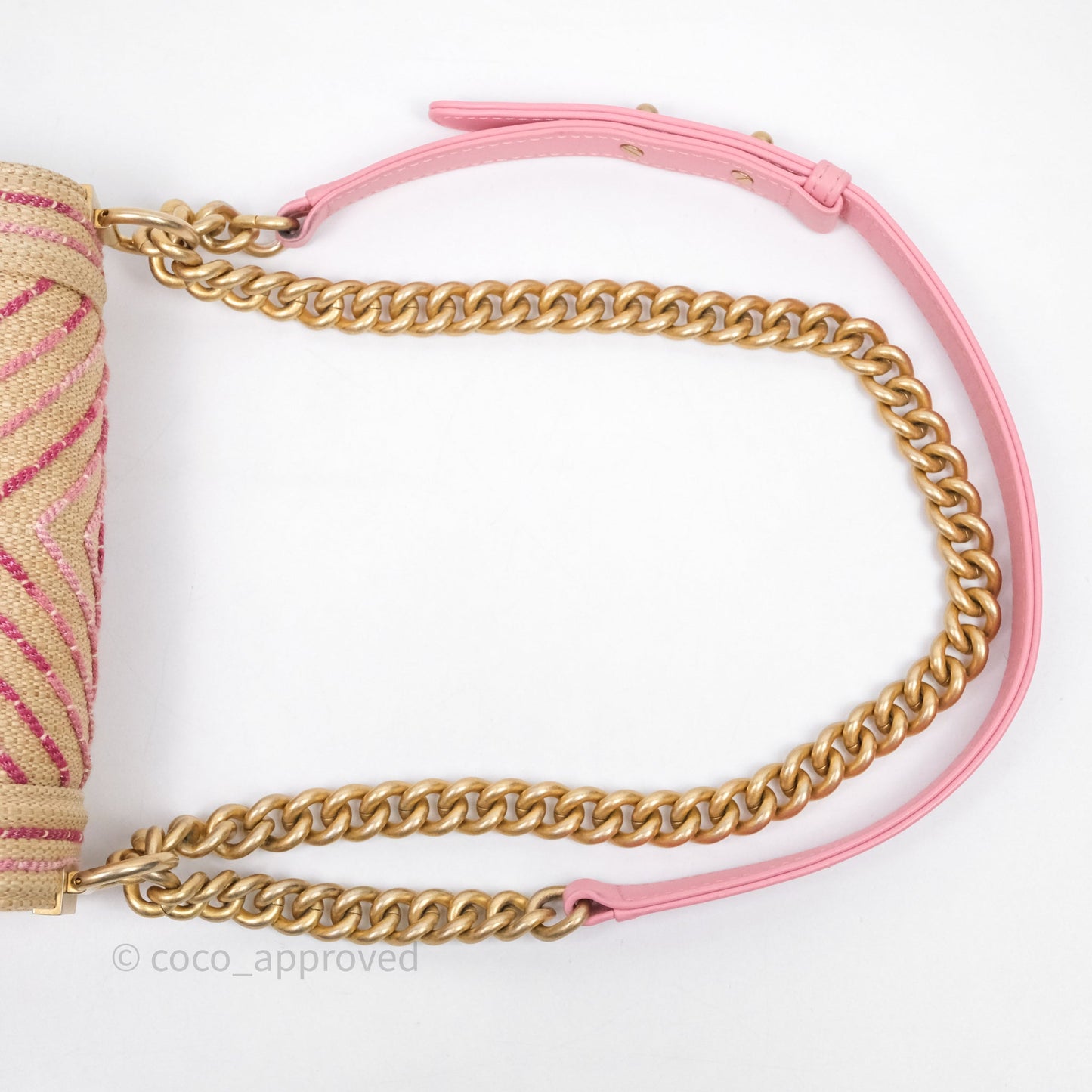 Chanel Small Boy Chevron Raffia Metallic Pink Aged Gold Hardware