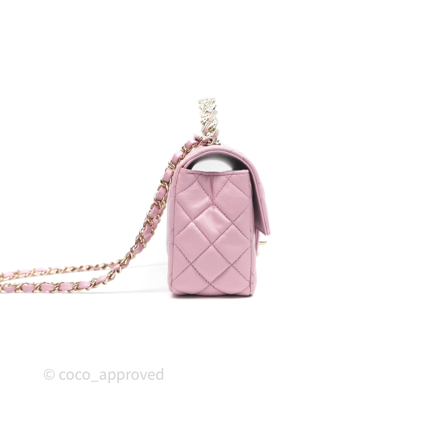 Chanel Logo Top Handle Mini Rectangular Flap Bag Pink Lambskin Gold Hardware