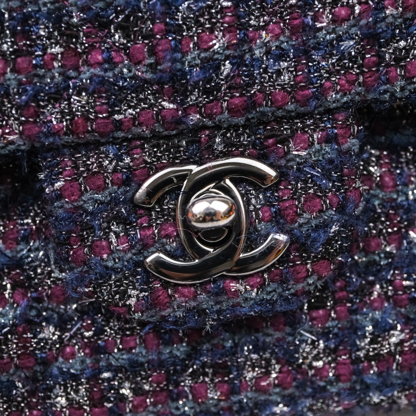 Chanel Classic M/L Medium Double Flap Purple Tweed Glitter Gun Metal