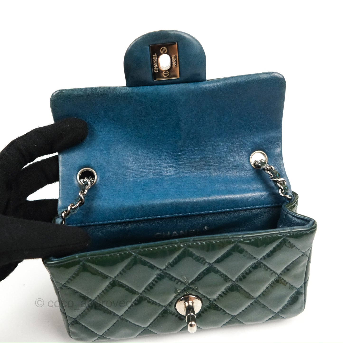 Chanel Quilted Extra Mini Rectangular Flap Teal Patent Silver Hardware