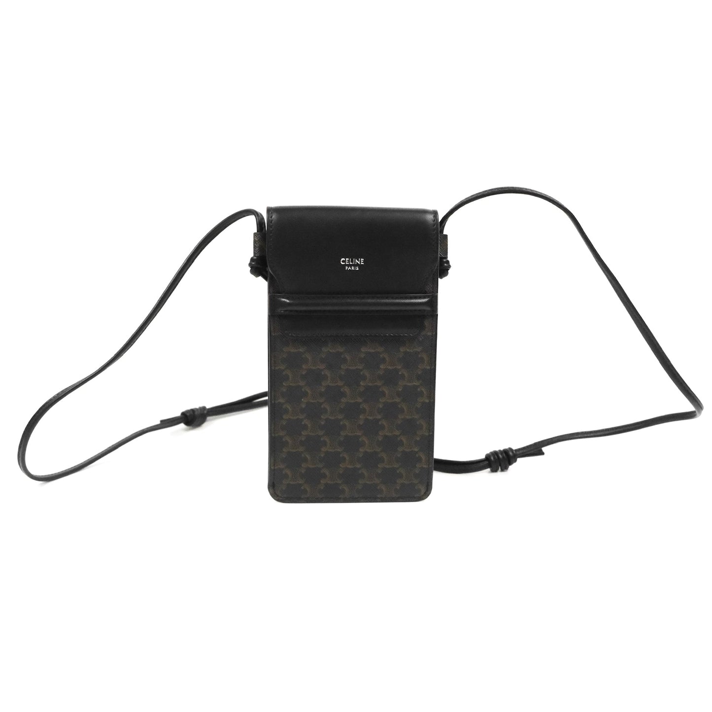 Celine Phone Pouch with Flap Black Triomphe Canvas Lambskin