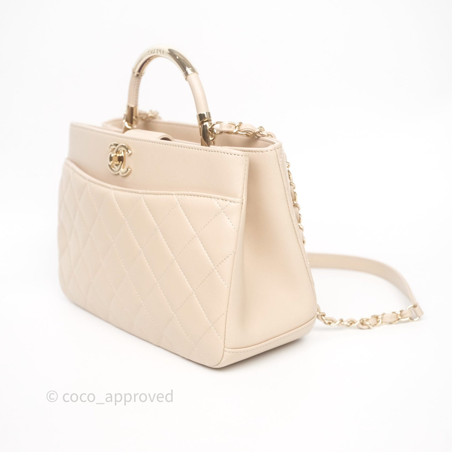 Chanel Quilted Top Handle Carry Chic Bag Beige Lambskin Gold Hardware
