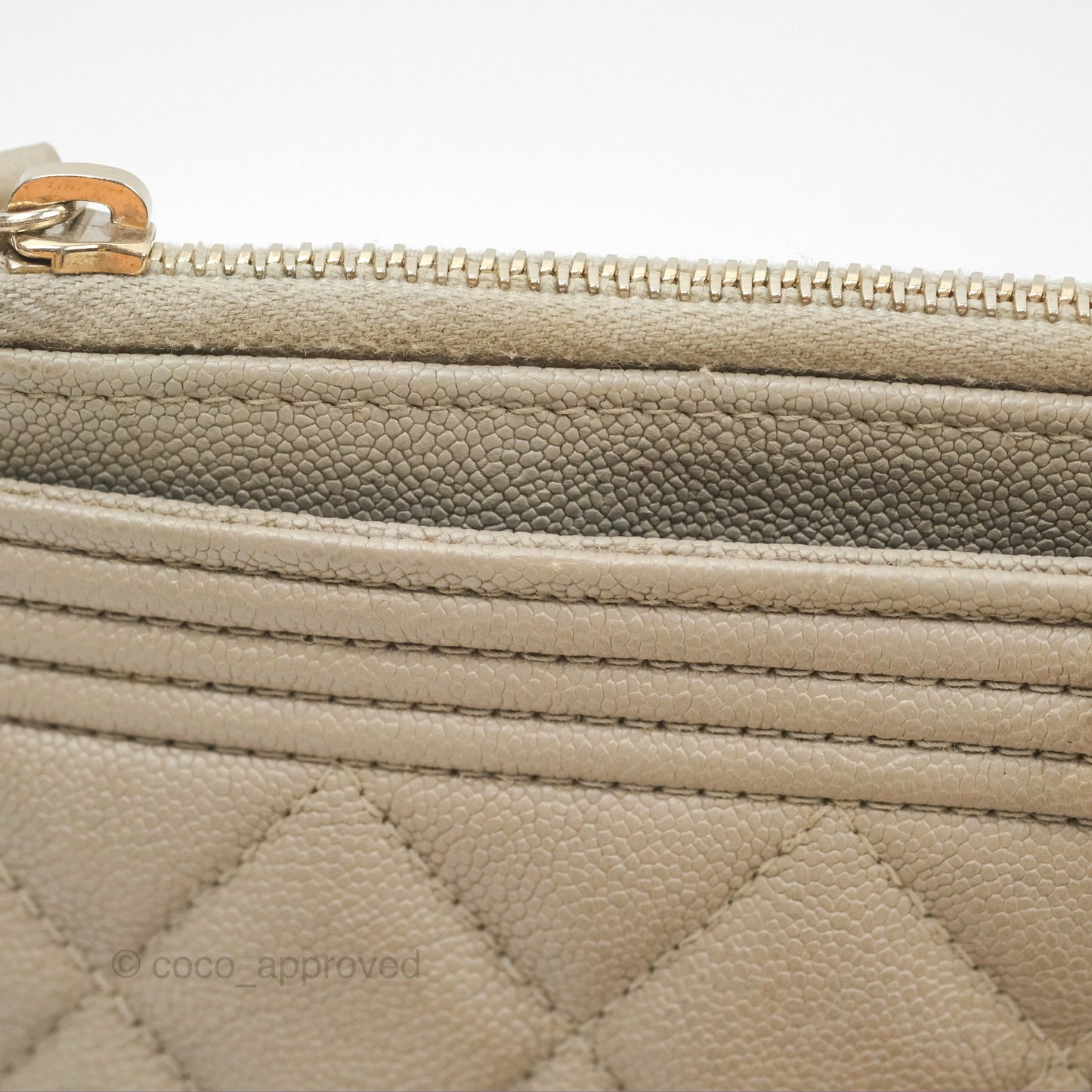 Chanel Boy Long Pouch Wallet Taupe Grey Caviar Aged Gold Hardware