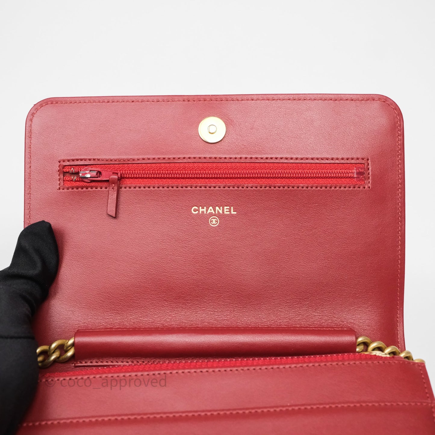 Chanel Boy Wallet on Chain WOC Red Caviar Aged Gold Hardware