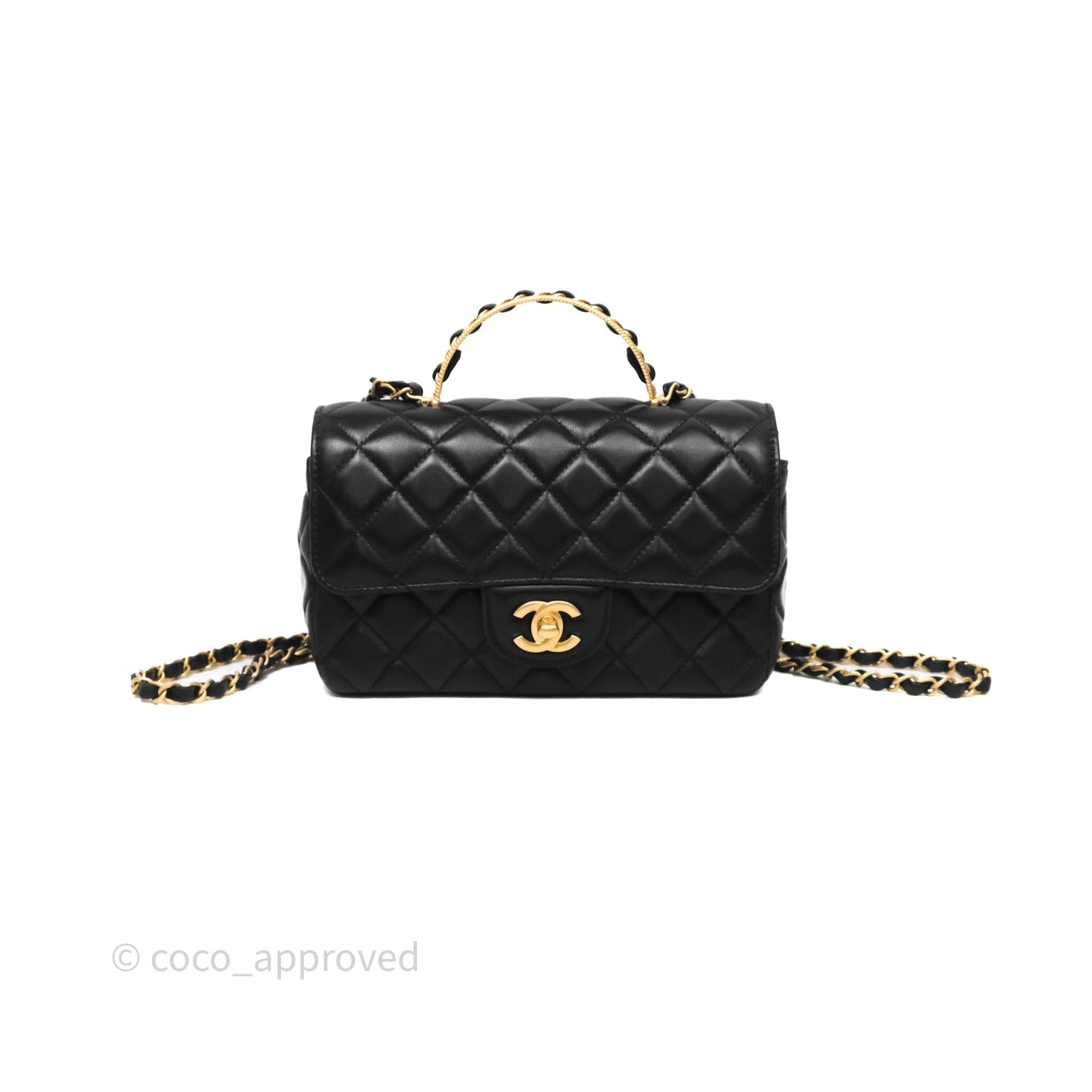 Chanel Top Handle Mini Rectangular Flap Bag Black Lambskin Aged Gold Hardware