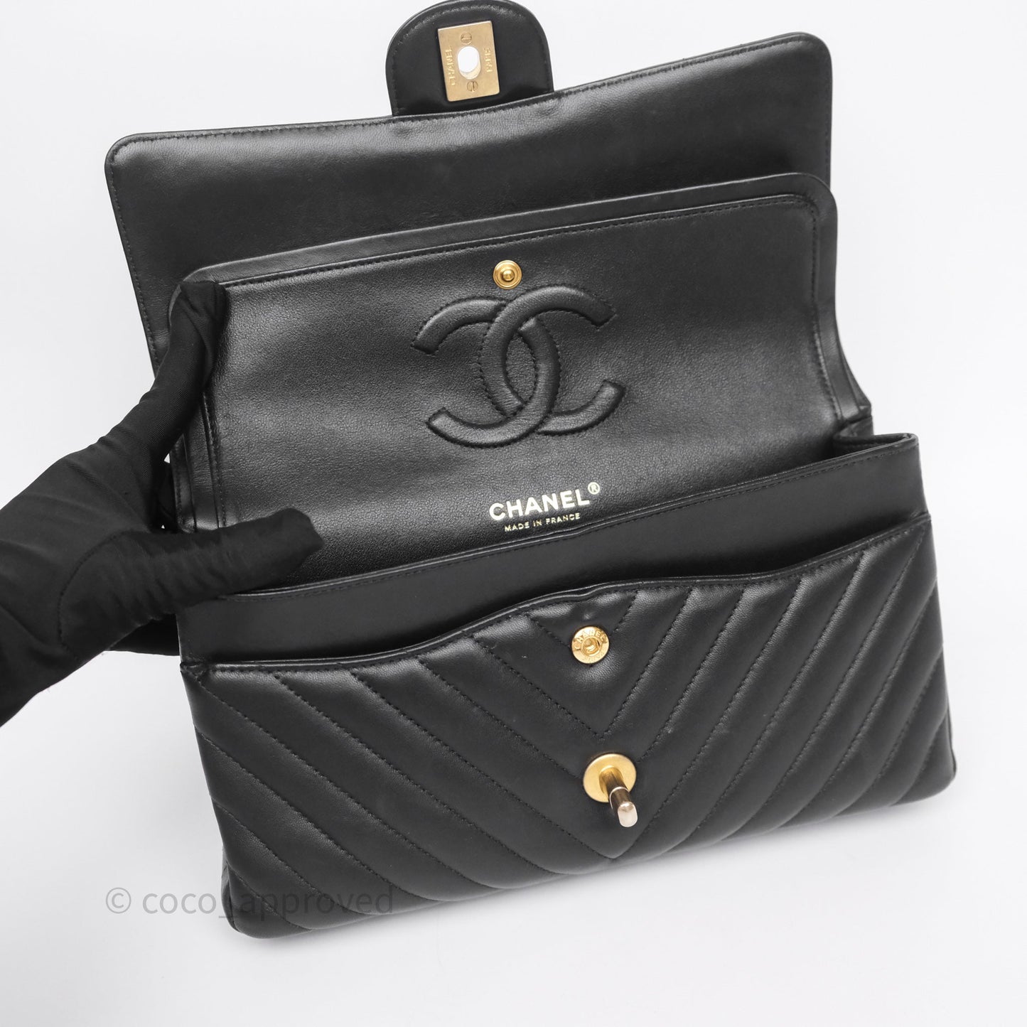 Chanel Classic Medium Flap Chevron Black Lambskin Aged Gold Hardware