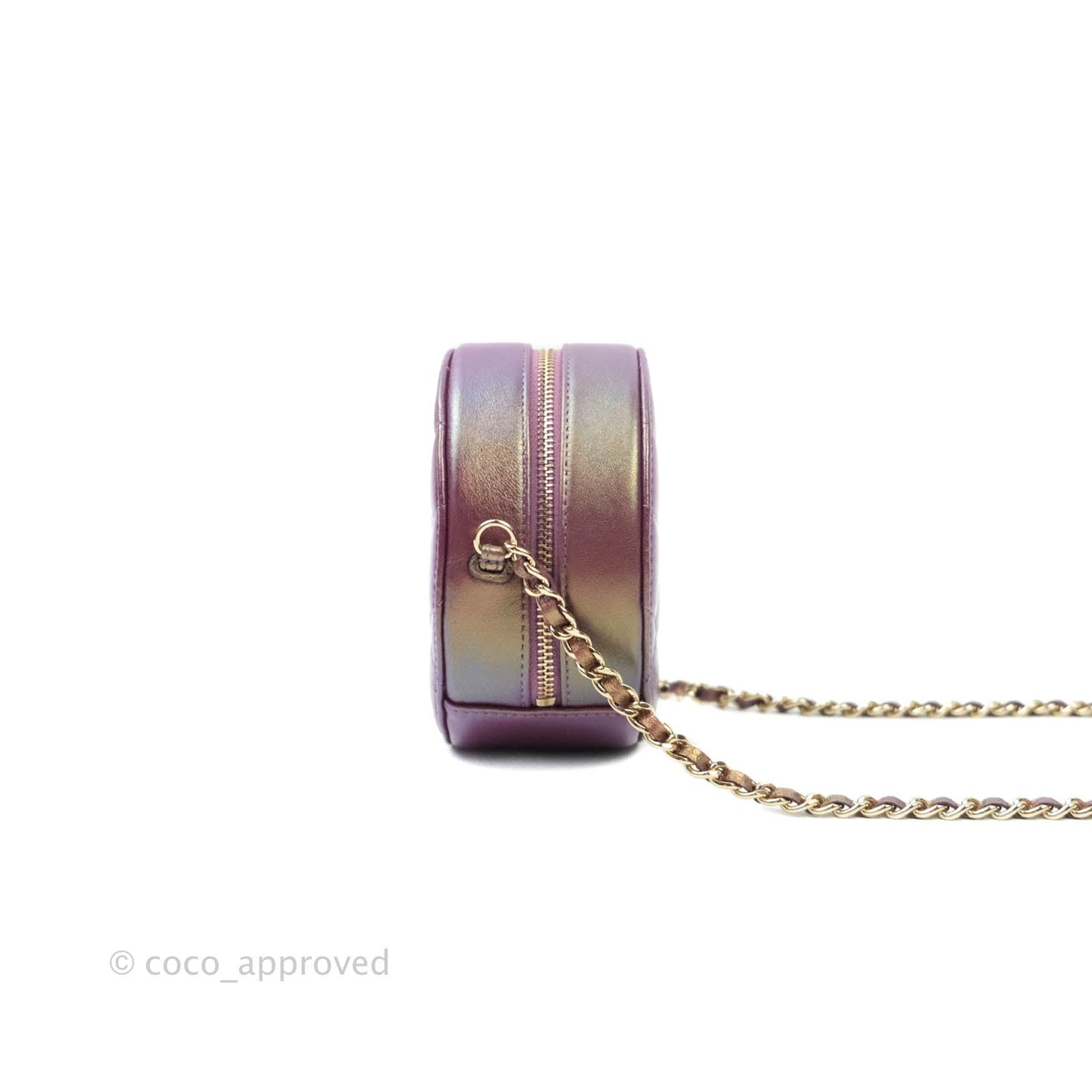 Chanel Classic Quilted Round Clutch With Chain Metallic Purple Lambskin Gold Hardware