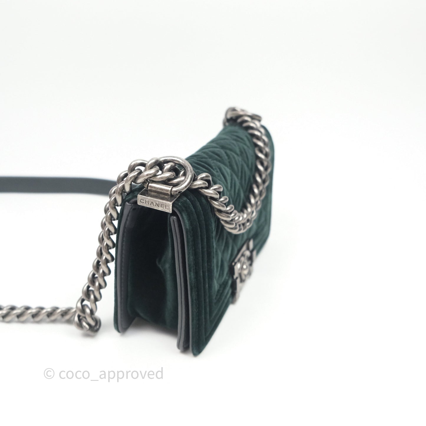Chanel Small Boy Quilted Dark Green Velvet Ruthenium Hardware