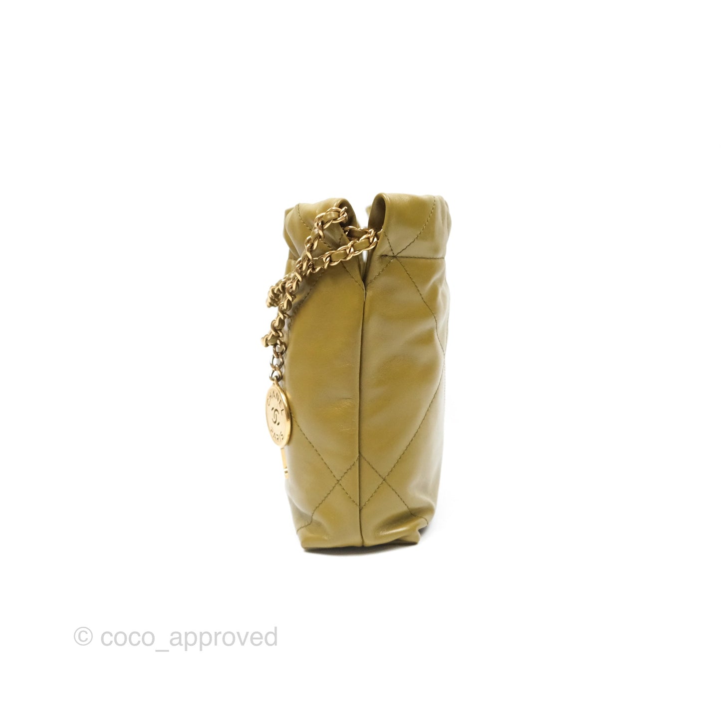 Chanel 22 Mini Bag Olive Shiny Crumpled Calfskin Aged Gold Hardware