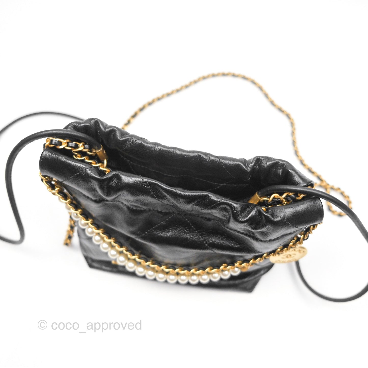 Chanel 22 Quilted Logo Mini Bag with Pearl Chain Black Shiny Crumpled Calfskin