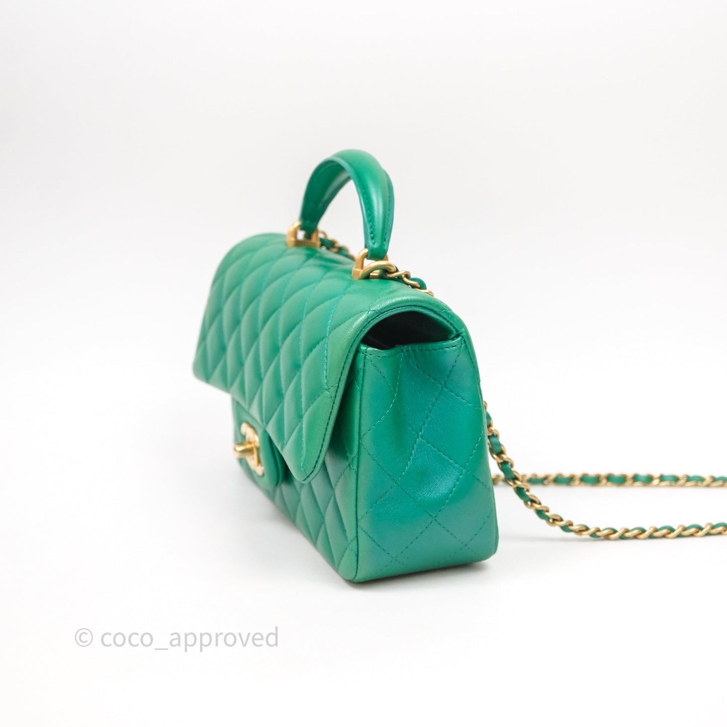 Chanel Top Handle Mini Rectangular Flap Bag Iridescent Green Lambskin Aged Gold Hardware