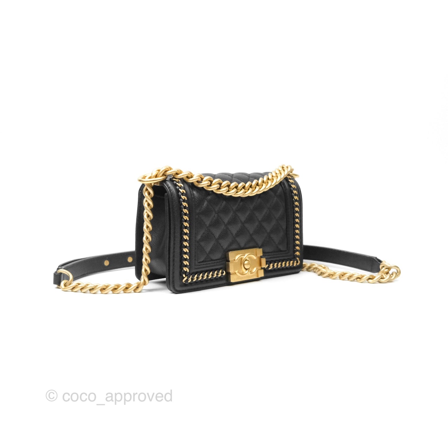 Chanel Small Chain Around Boy Quilted Black Caviar Aged Gold Hardware