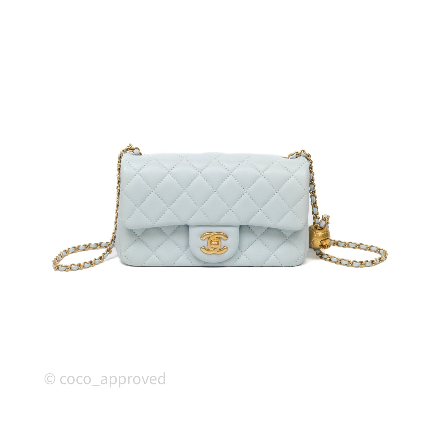 Chanel Pearl Crush Mini Rectangular Light Blue Lambskin Aged Gold Hardware