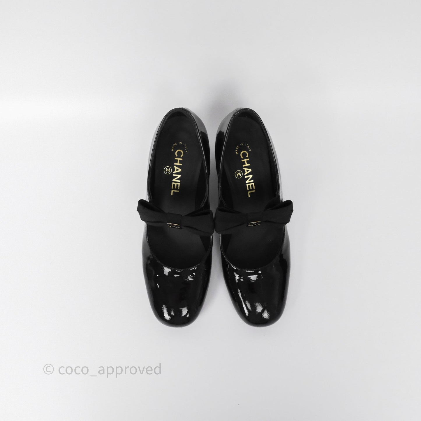Chanel CC Ribbon Mary Jane Block Heels Black Patent 24C Size 39.5