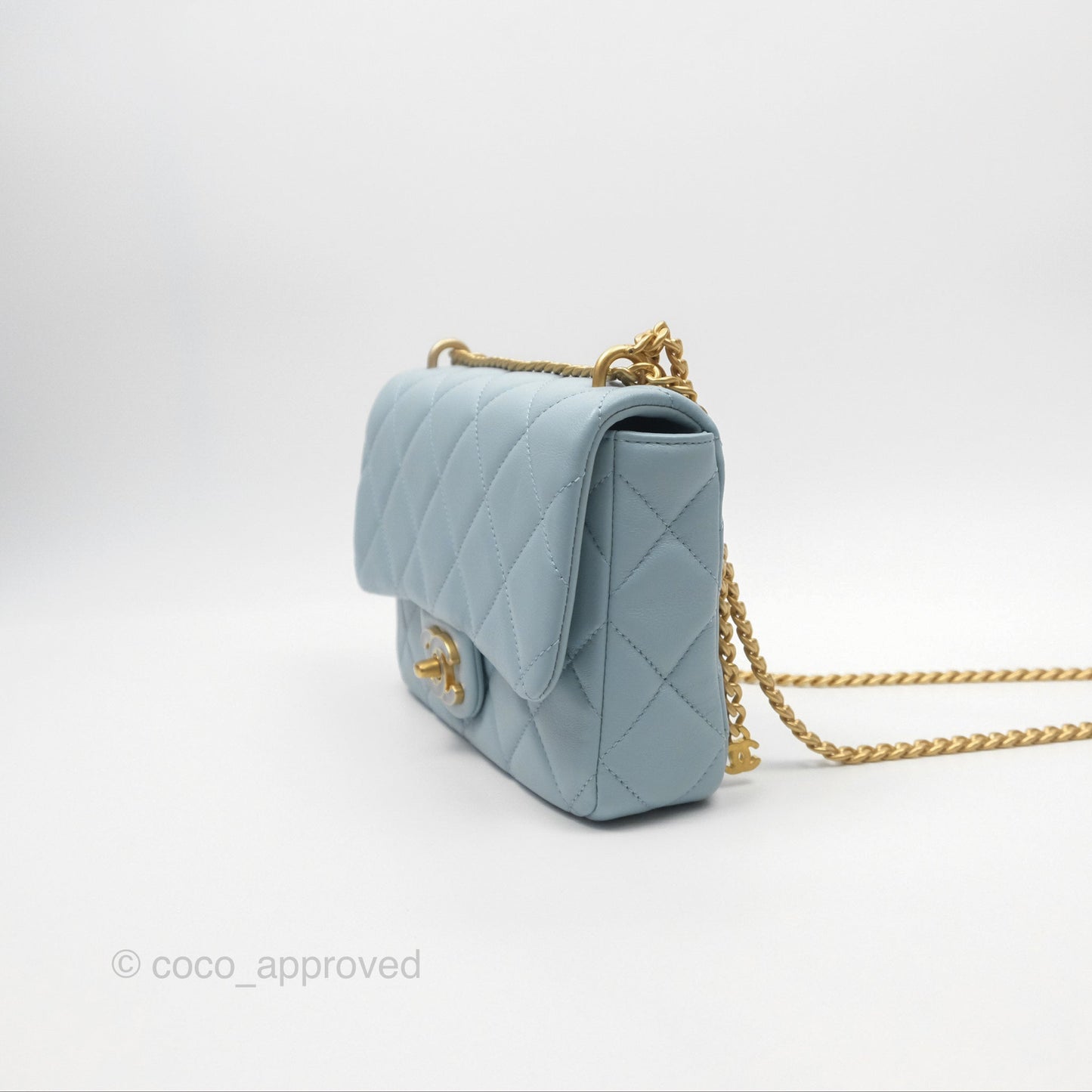 Chanel Quilted Enamel Pending CC Small Square Flap Baby Blue Lambskin 22P