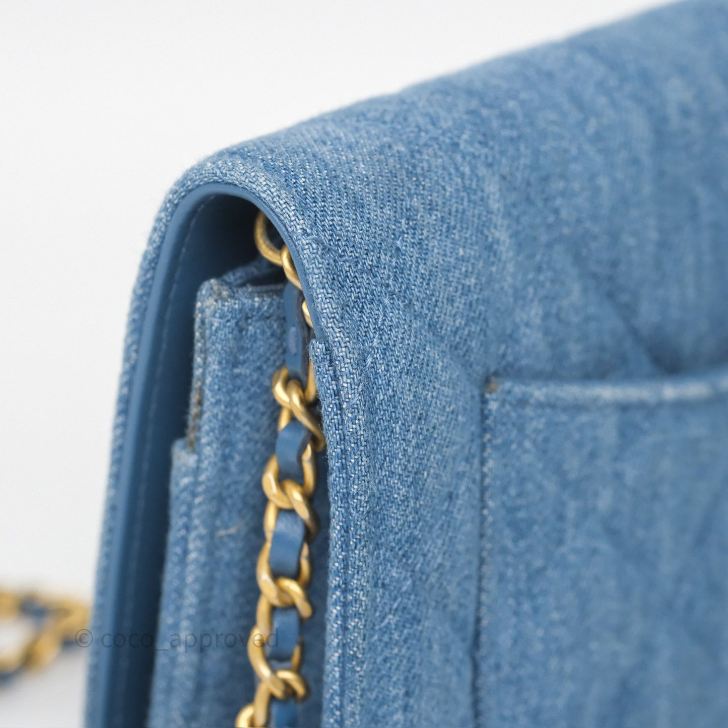 Chanel Quilted Pearl Crush Wallet on Chain WOC Denim Aged Gold Hardware