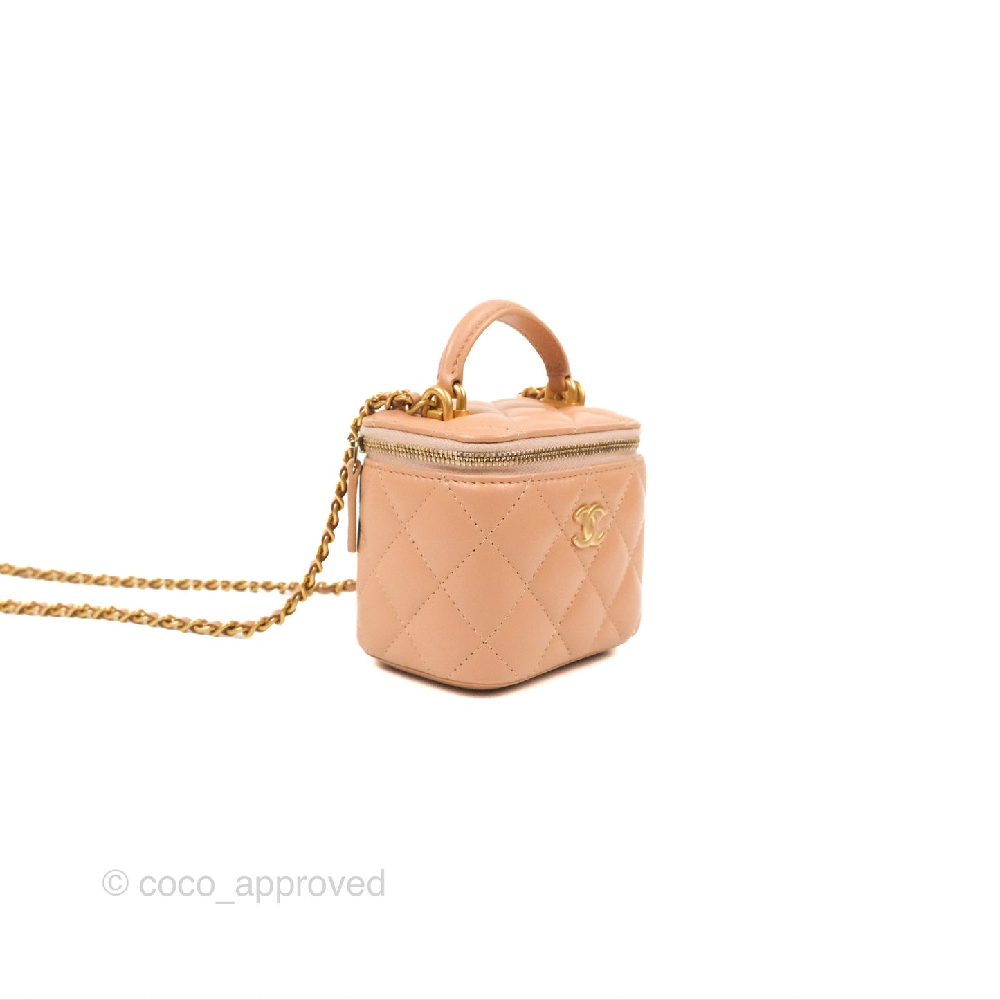 Chanel Mini Top Handle Vanity With Chain Beige Lambskin Aged Gold Hardware