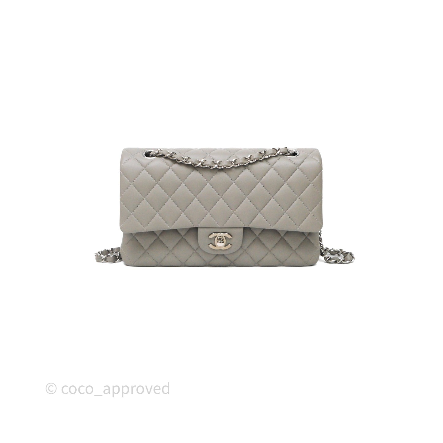 Chanel Classic M/L Medium Flap Quilted Grey Lambskin Silver Hardware